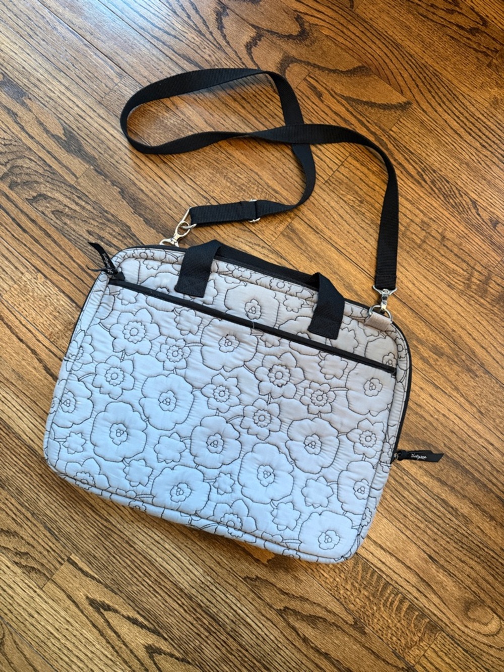 Thirty-One Quilted Laptop Bag in Gray Floral featuring a floral quilted design